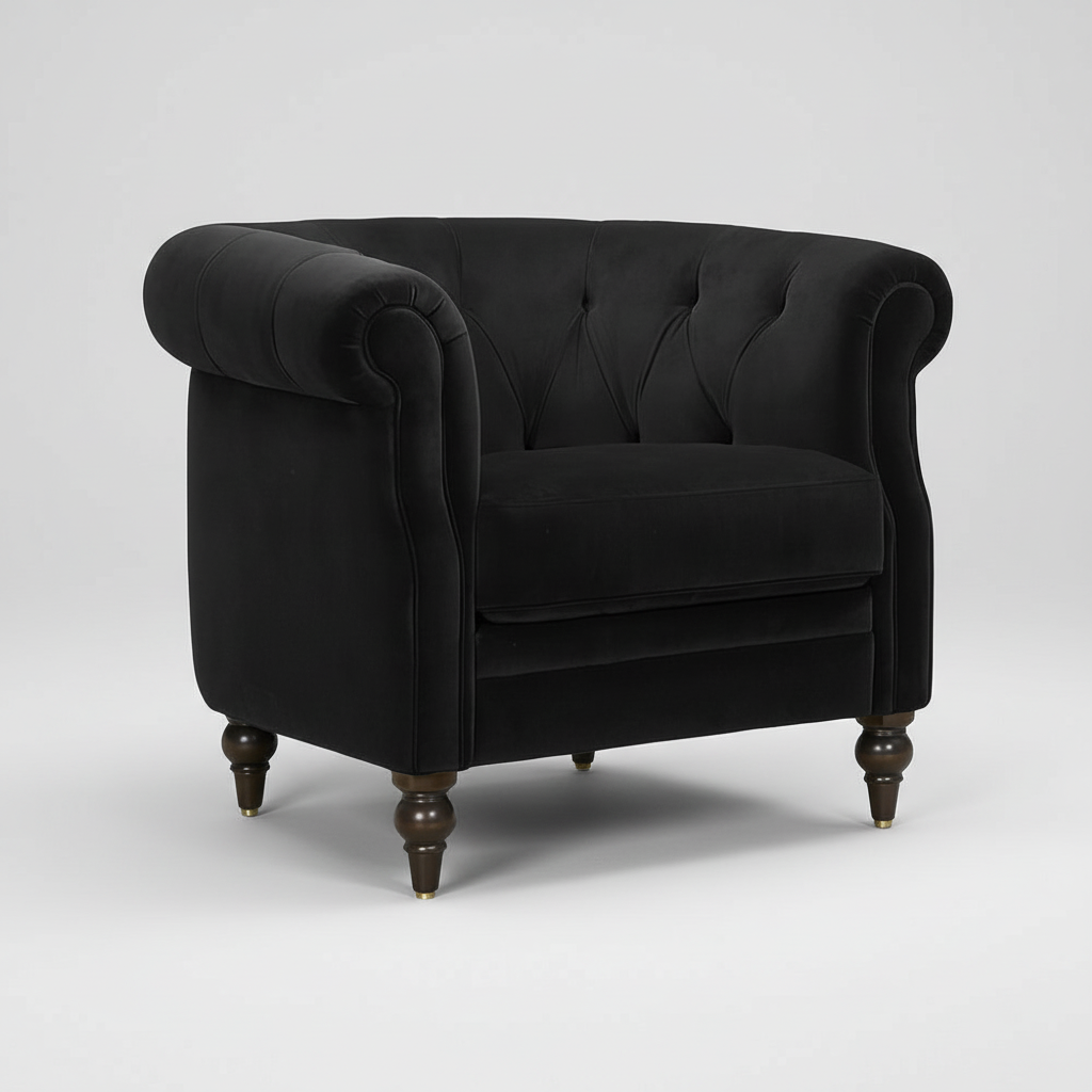 Vintage Elizabeth accent chair in black velvet with rolled arms and button-tufted back