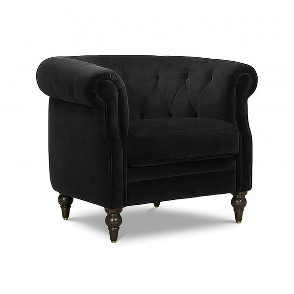 Vintage Elizabeth accent chair in black velvet with tufted back and turned wooden legs
