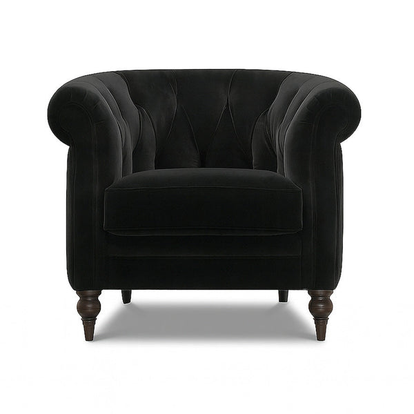 Vintage Elizabeth accent chair in black velvet, tufted back and smooth seat cushion
