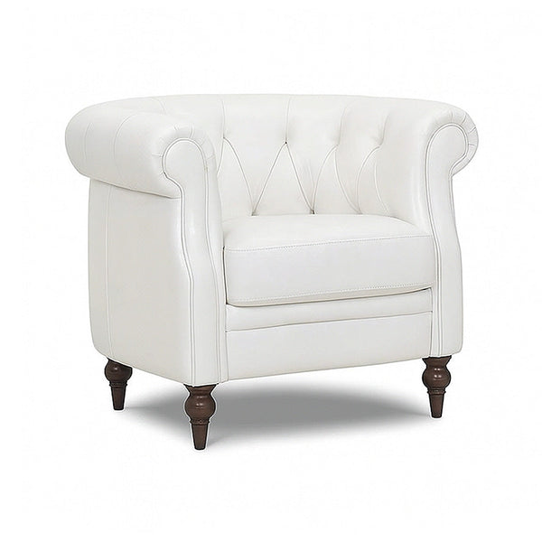 White Chesterfield accent chair with tufted backrest, rolled arms, and dark wooden feet