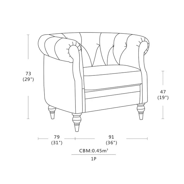 Chesterfield accent chair size diagram with height, width, and depth measurements