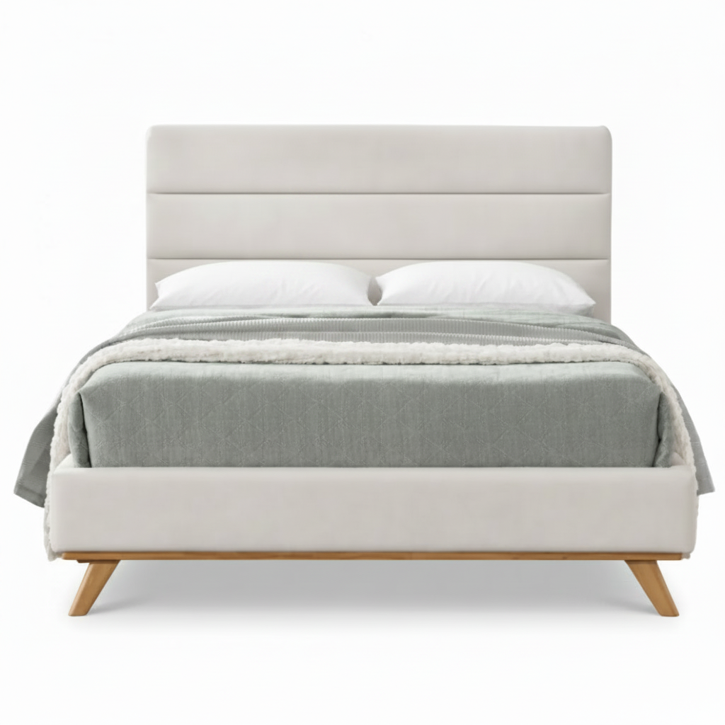 Emma Upholstered Bed Modern Sand Fabric with Oak Base Legs Double Queen and King