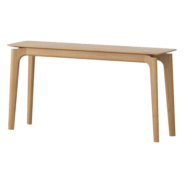 Light wood console table with four tapered legs and flat rectangular tabletop