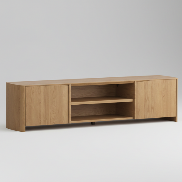 Light oak TV console with two side doors and central open shelves
