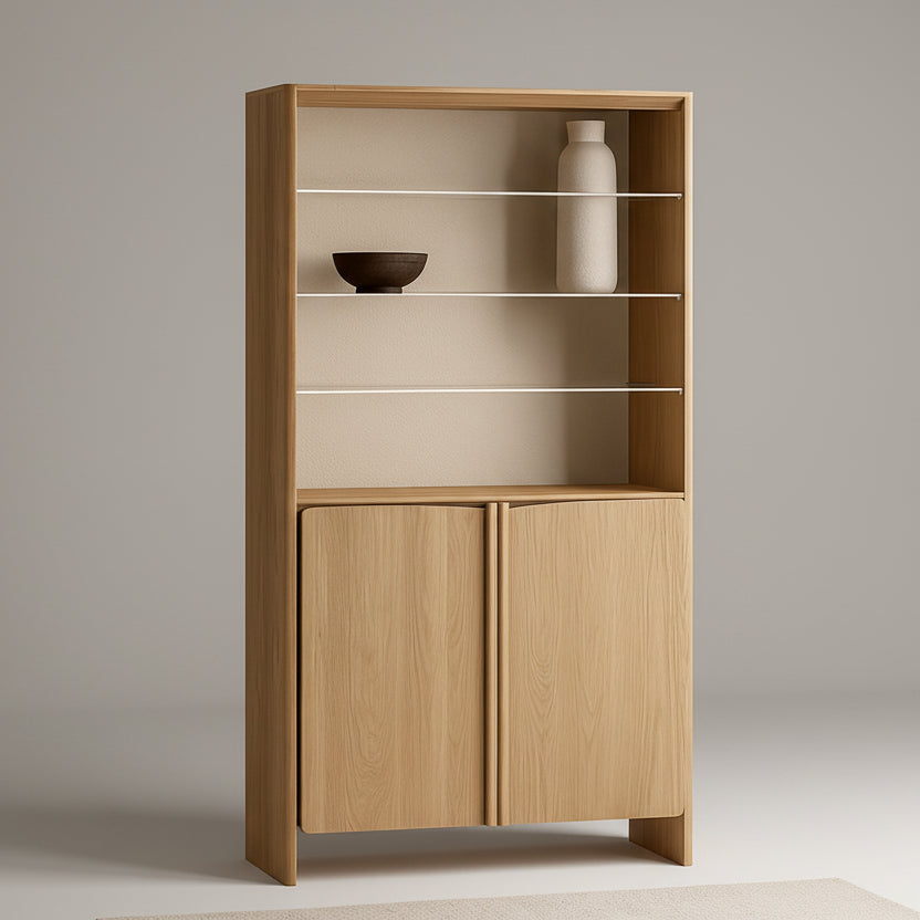 Wood display cabinet with open upper shelves and two-door lower storage compartment