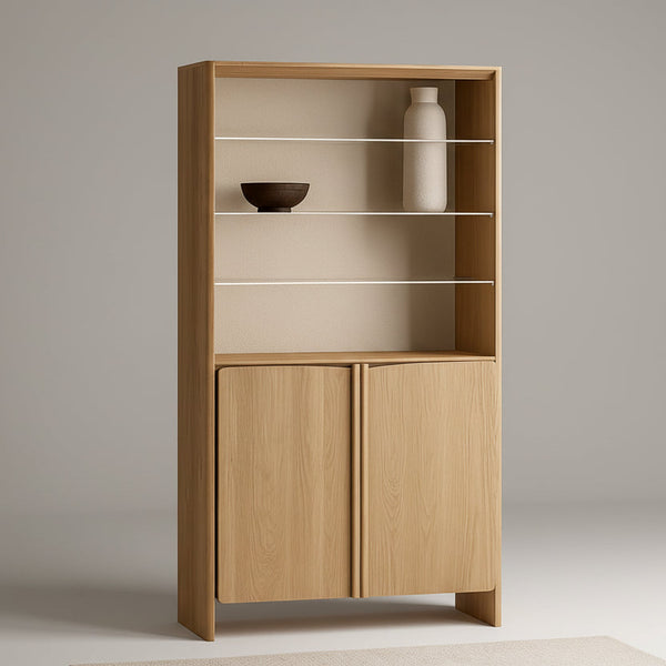 Wood display cabinet with open upper shelves and two-door lower storage compartment