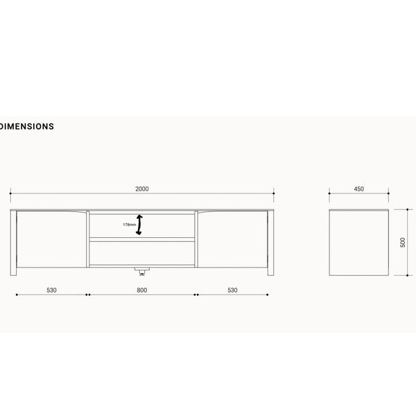 TV unit dimension diagram: 2000 x 450 x 500 mm, open shelving