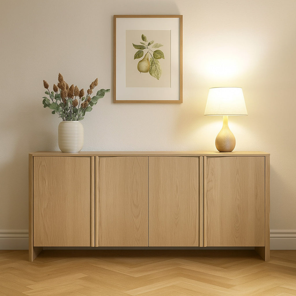 Erin buffet cabinet in light wood with four panel doors and simple recessed handles
