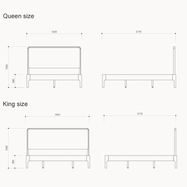 Bed frame dimension diagram for Queen size and King size layouts