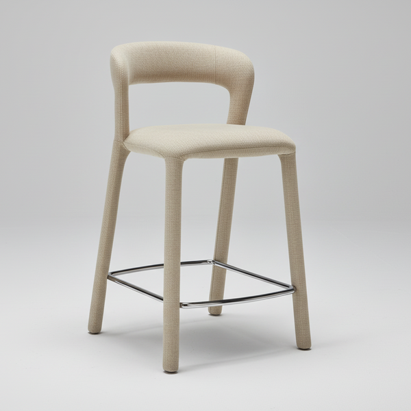 Beige bar stool with a metal frame on a light gray background