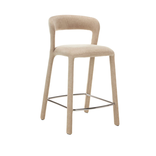 Beige fabric bar stool, 3/4 angle, 4 legs, padded seat and metal footrest bar