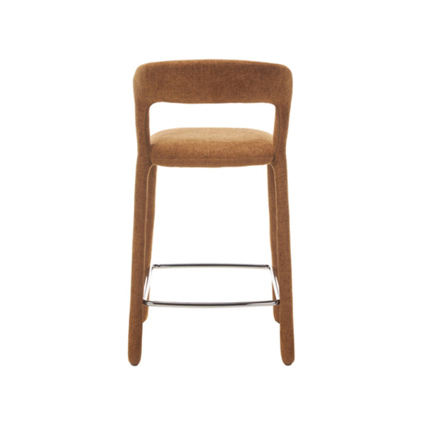 Bar stool front view with copper-toned upholstered back and seat, chrome footrest