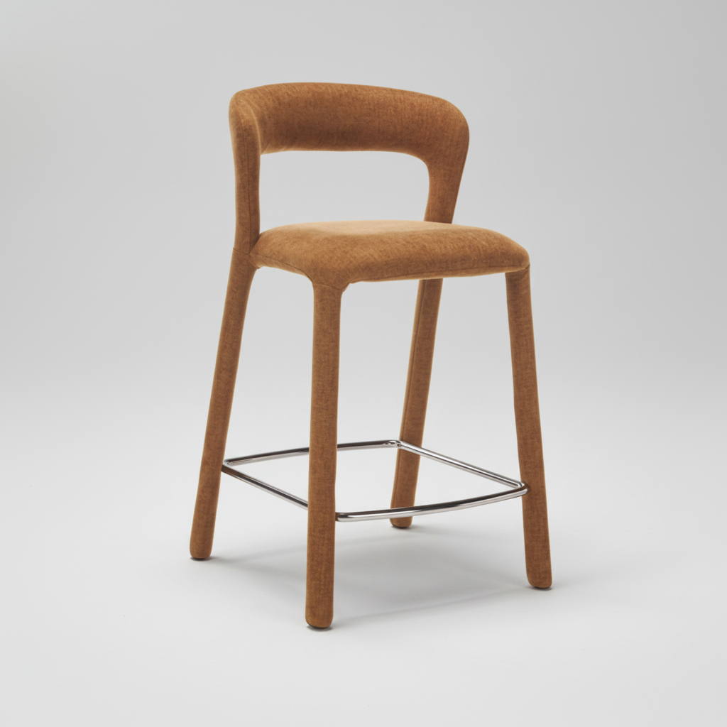 Brown bar stool with a metal base on a light gray background