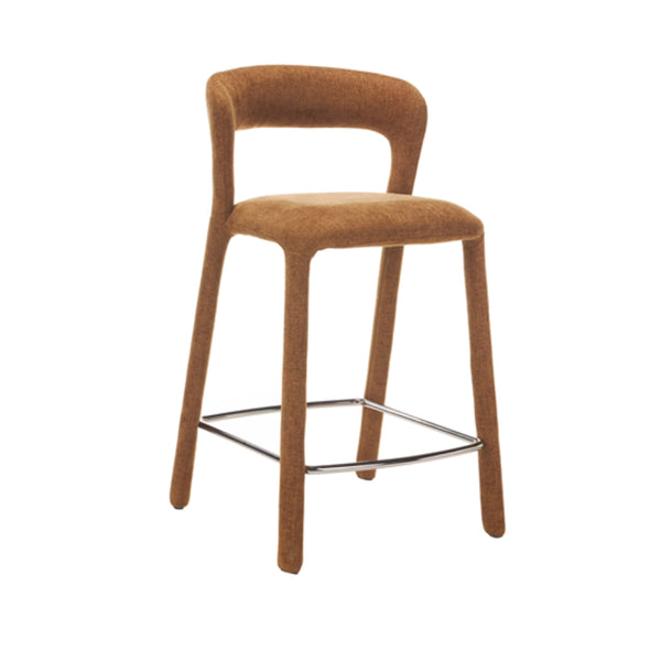 Bar stool with copper-toned fabric seat and curved back, chrome footrest