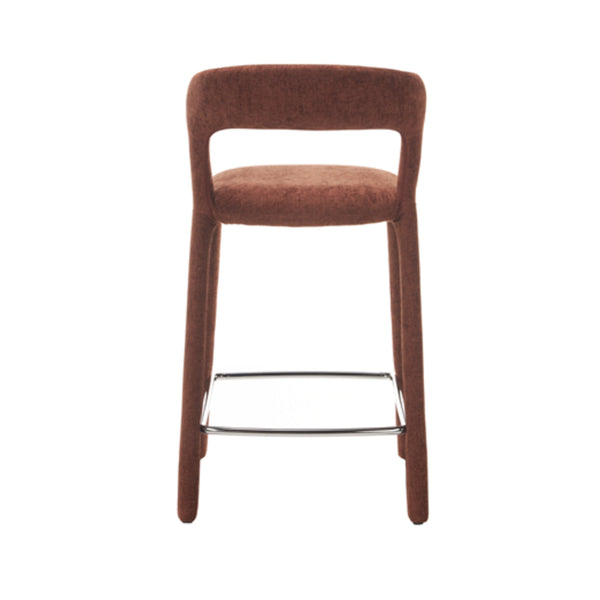 Brick fabric bar stool with wide backrest and metal footrest bar, four legs
