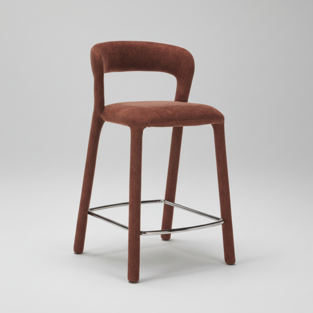 Brown bar stool with a metal frame on a light gray background