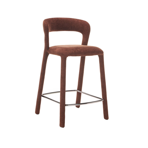 Brick fabric bar stool with curved back/arms and chrome ring footrest, four legs