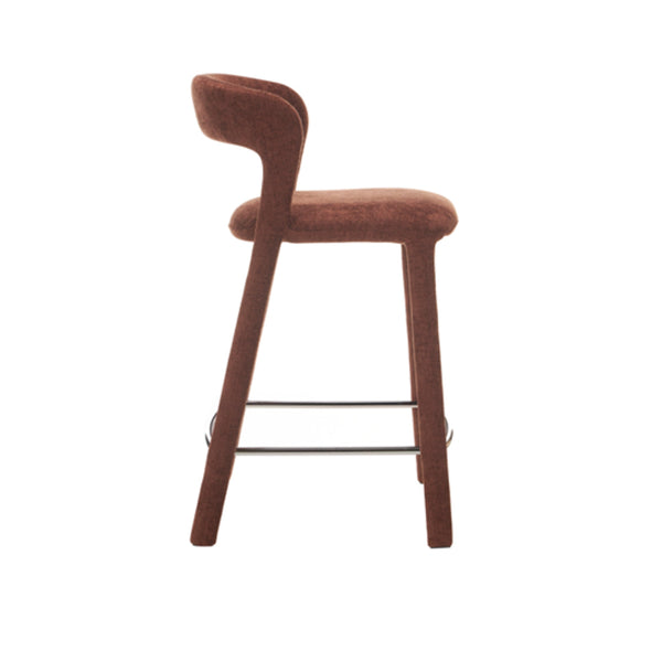 Brick fabric bar stool with curved back and ring-style metal footrest, four legs
