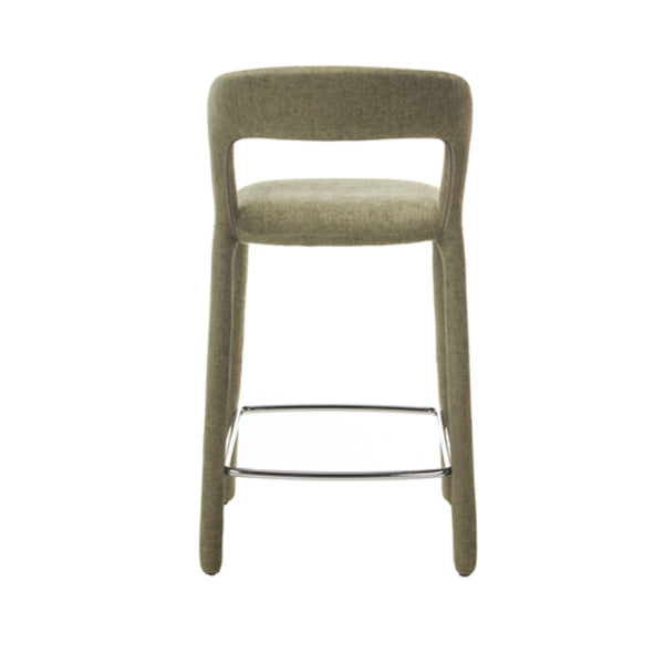Olive fabric bar stool front view with rounded back, straight legs, and chrome footrest.