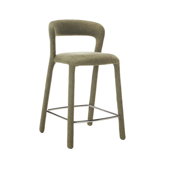 Olive fabric bar stool with rounded back, curved legs, and chrome footrest ring.