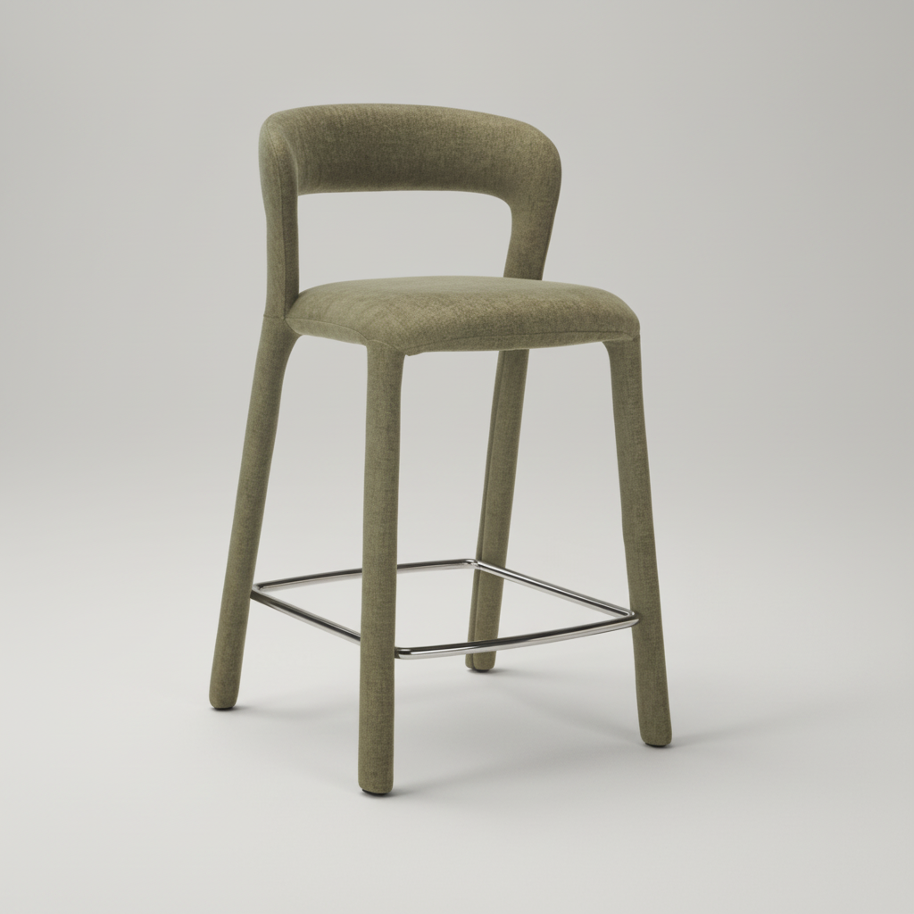 Green bar stool with a metal base on a gray background