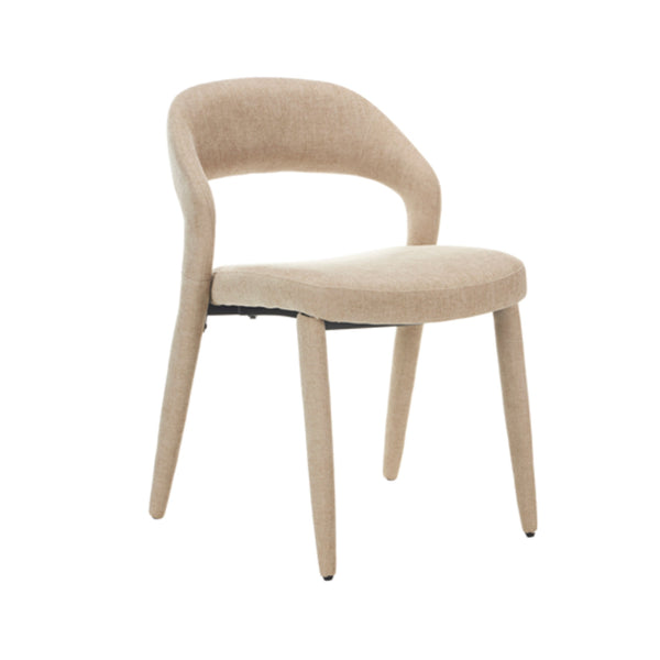 Upholstered beige fabric dining chair with curved armrests and tapered legs