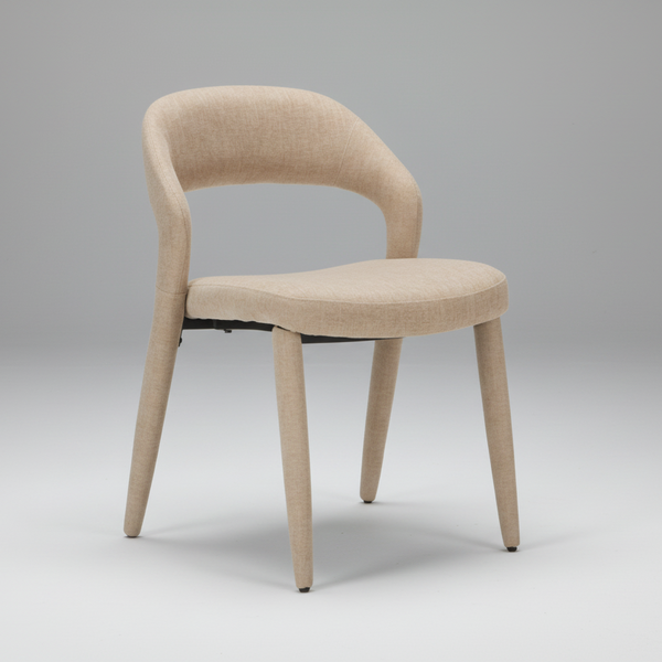 Beige fabric dining chair with tall arched back, padded seat, and wooden legs