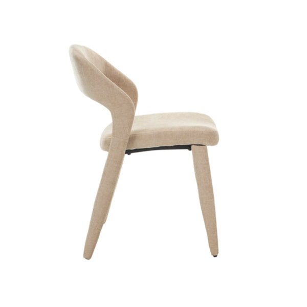 Beige fabric dining chair with curved back and tapered wooden legs