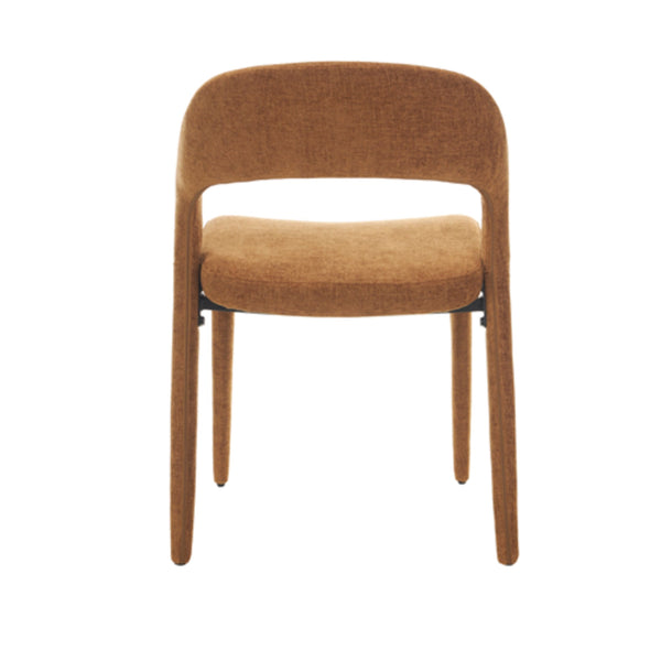 Brown upholstered dining chair with arched backrest, padded seat, and tapered legs