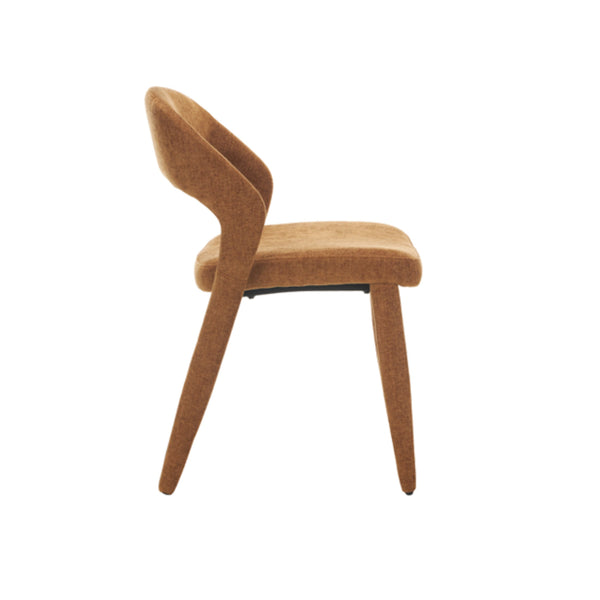 Brown fabric dining chair with curved backrest and tapered wooden legs