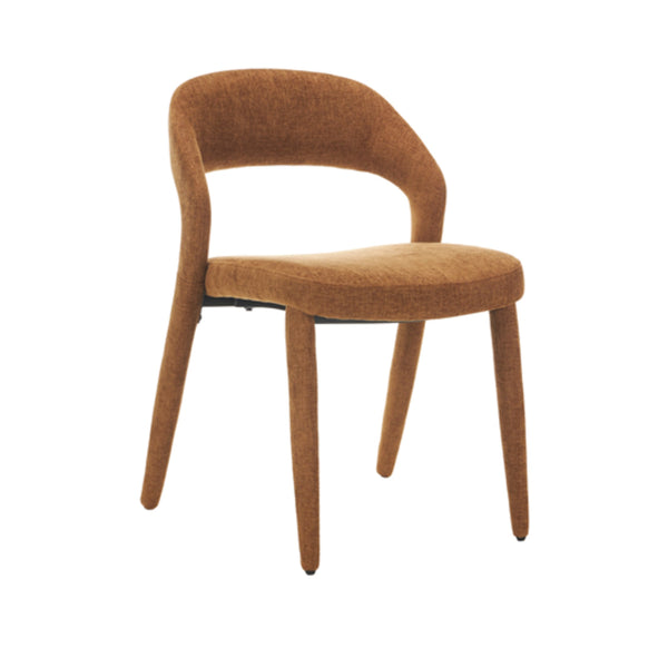 Brown fabric dining chair with arched back, cushioned seat, and tapered wooden legs