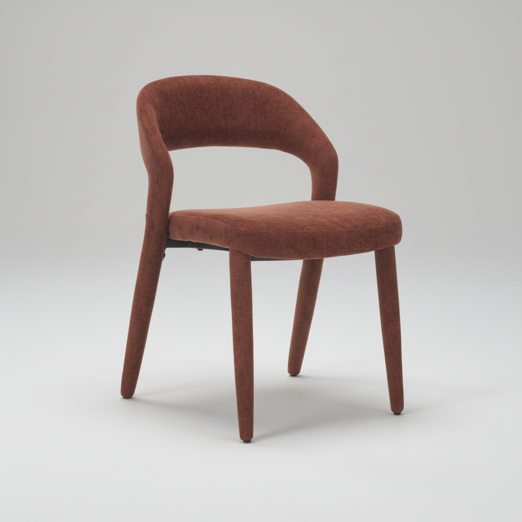 Brick-red upholstered dining chair with rounded seat, curved back, and tapered legs