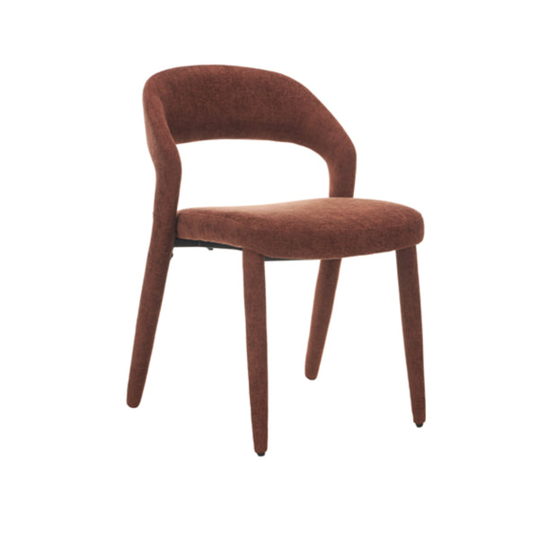 Brick-red upholstered dining chair with curved back and tapered wooden legs