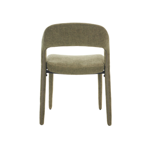 Olive upholstered dining chair with arched back, cushioned seat, and tapered legs