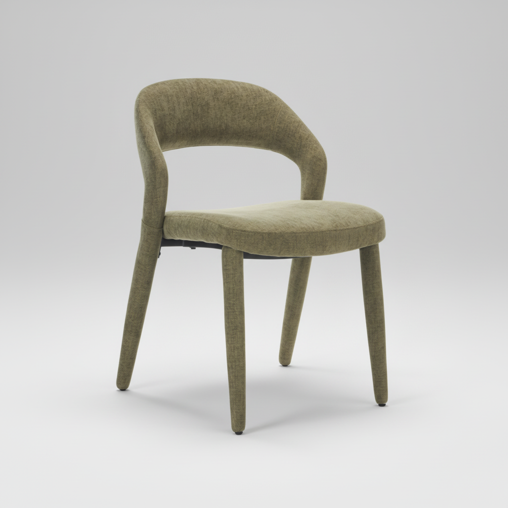 Olive fabric dining chair with rounded backrest, cushioned seat, and angled legs