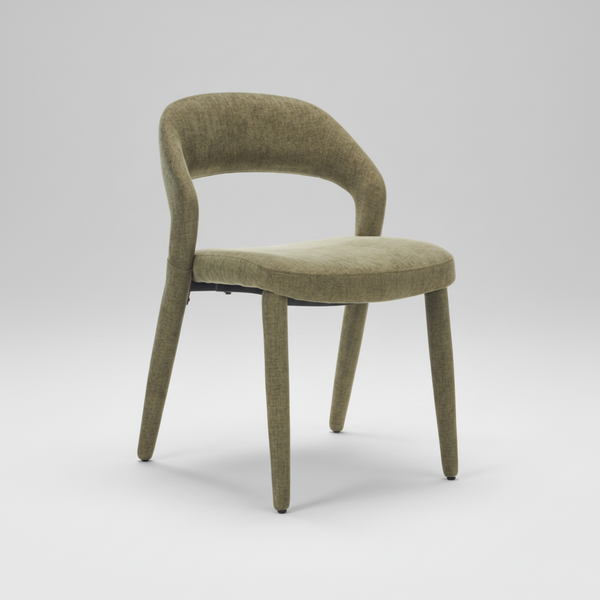 Olive fabric dining chair with rounded backrest, cushioned seat, and angled legs