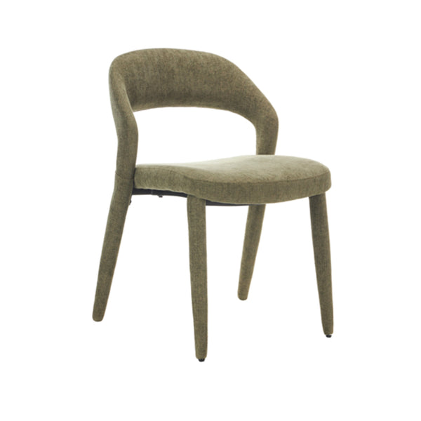 Olive upholstered dining chair with rounded back and fabric seat, four tapered legs