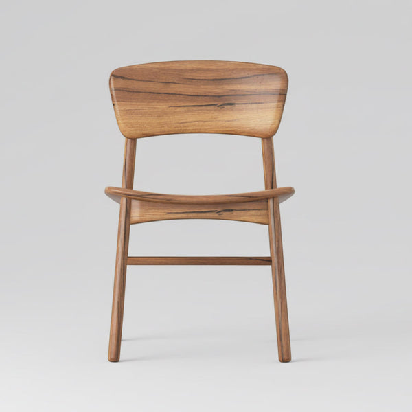 Wood dining chair with solid seat, rounded backrest, and curved armrests