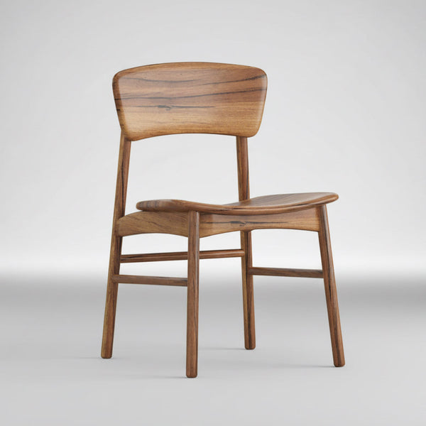 Wood dining chair with curved armrests, slatted back support, and solid seat