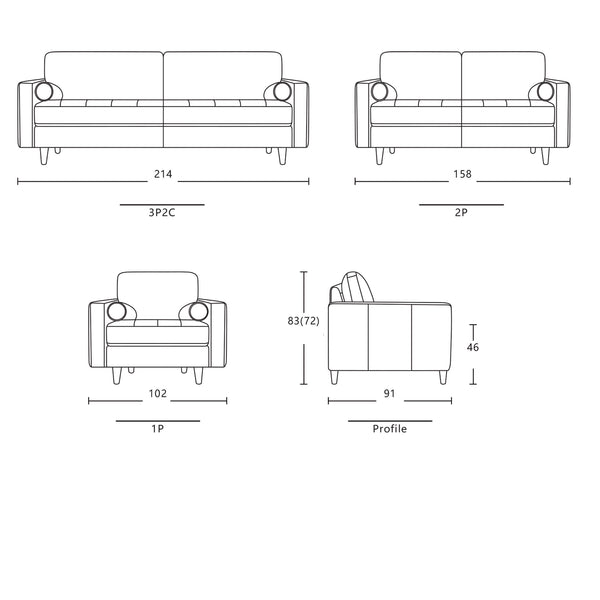 Leather sofa size diagram showing front, side, and profile views