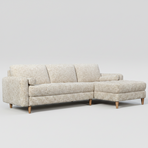 Wheat fabric 2.5 seater chaise sofa with tufted arm detail and chaise extension