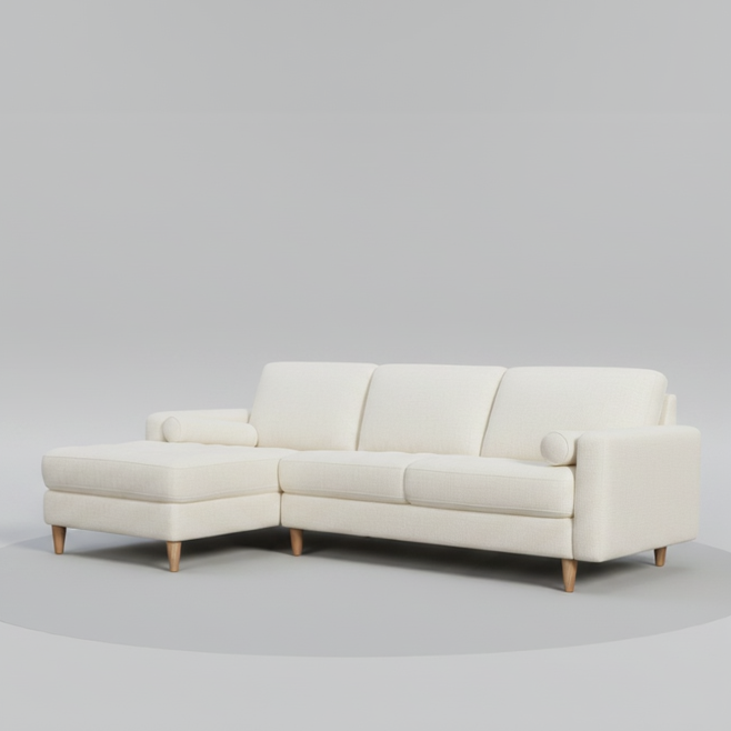Ivory fabric chaise sofa with low legs and box cushions, chaise section 3/4 view