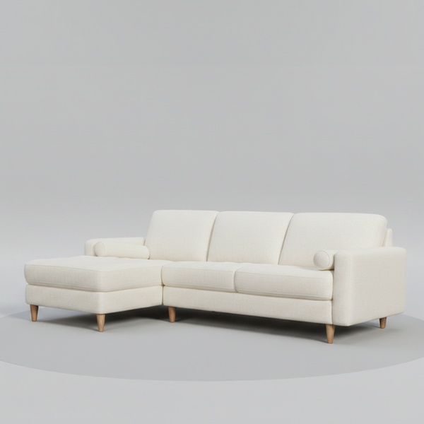 Ivory fabric chaise sofa with low legs and box cushions, chaise section 3/4 view