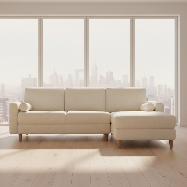 Beige sectional sofa in a room with large windows and a cityscape view.