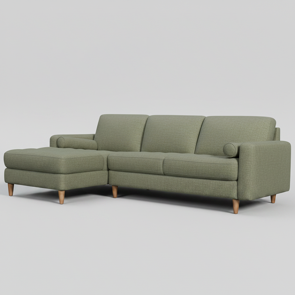 Sage fabric 2.5 seater chaise sofa with rolled arms and split back cushions