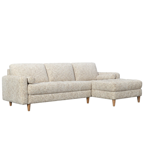 Wheat fabric chaise sofa with rounded arms and boxed cushions, angled 3/4 view