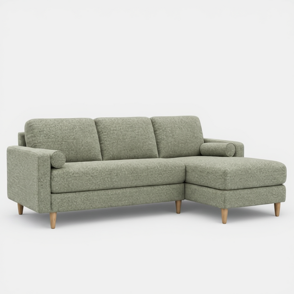 Sage fabric chaise sofa with tufted arm and chaise extension, side 3/4 view