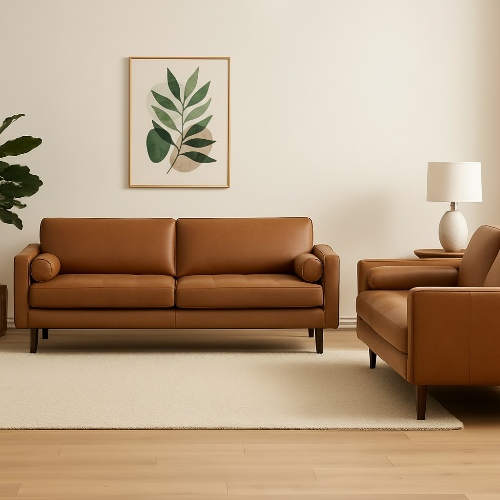 Tan-brown leather sofa with two seat cushions and round arm details