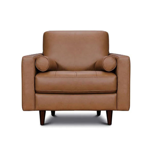 Tan-brown leather sofa armchair with rounded back, arm bolsters, and tapered legs