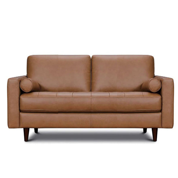 Tan-brown leather sofa front view with two back cushions and cylindrical arm pads